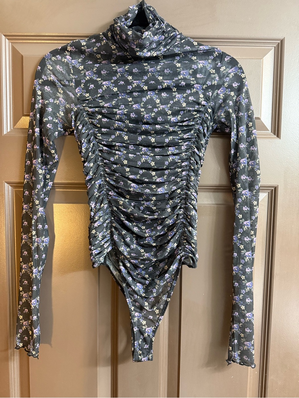 Free People Black Floral Ruched Turtleneck Bodysuit with Lavender Print